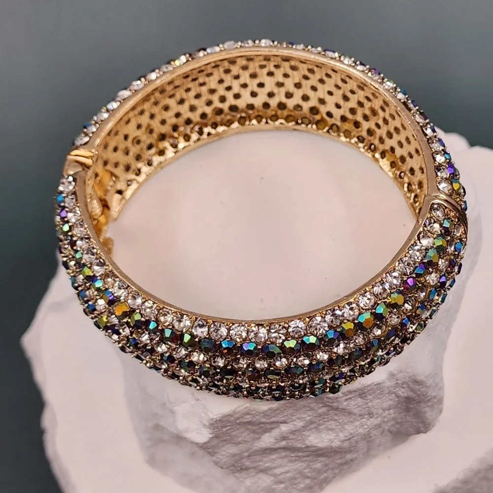 Aurora Borealis Rhinestone Wide Hinged Bangle Bracelet Gold Tone Glam Statement